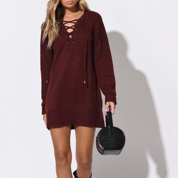 Tobi Dresses & Skirts - Wine Lace Up Sweater Dress